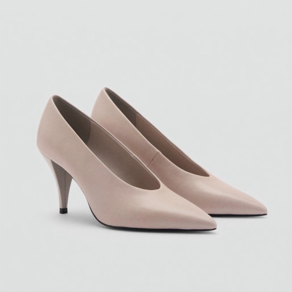 Classic NEW MANGO ivory genuine leather Pointed-Toe Mid Heel Pumps